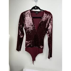 Express Plum Sequin Deep V-Neck Sequin Thong Bodysuit Size Small